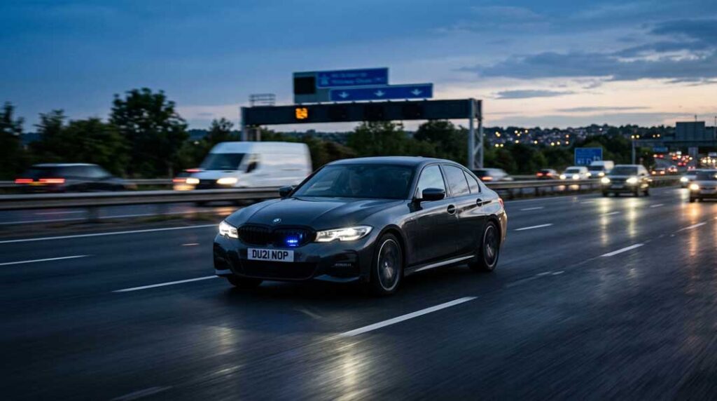 A plain saloon car on a UK motorway with concealed blue grille lights, illustrating unmarked police cars
