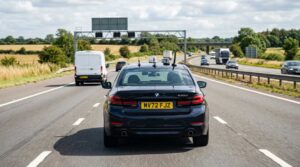 Rear view of an unmarked police car showing aerials and an interior light bar to help spot it