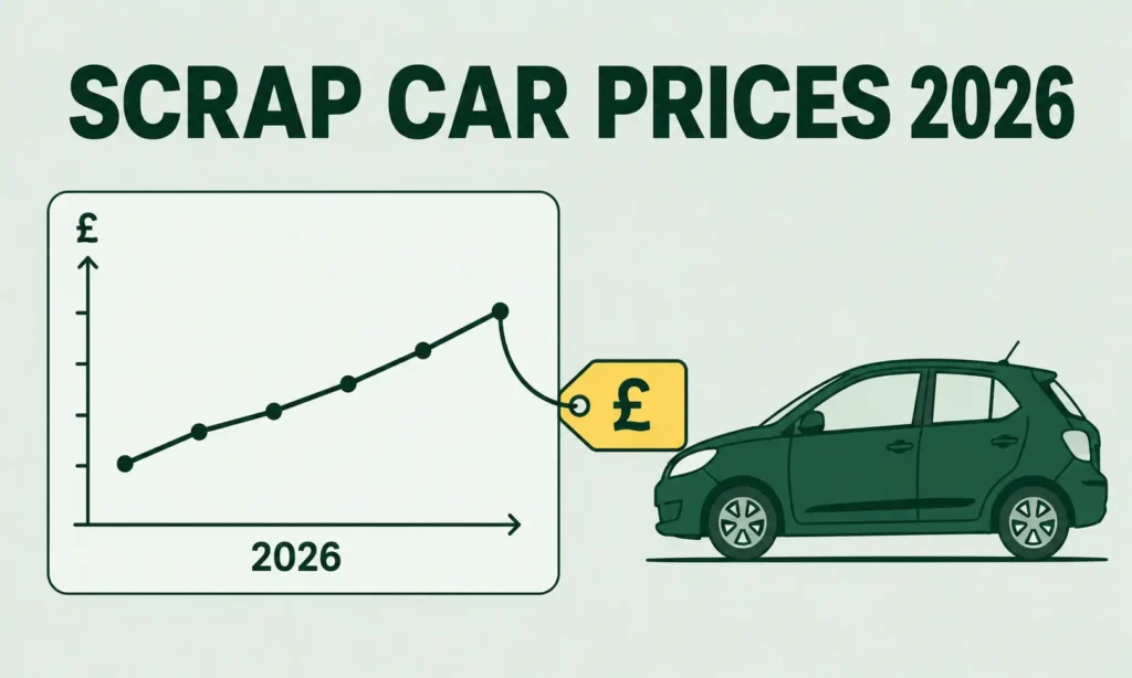 Line chart of UK scrap car prices in 2026 beside a hatchback, showing scrap car prices uk trends
