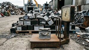 A car battery on a scrap merchant's weighing scale, showing what a scrap car battery is worth