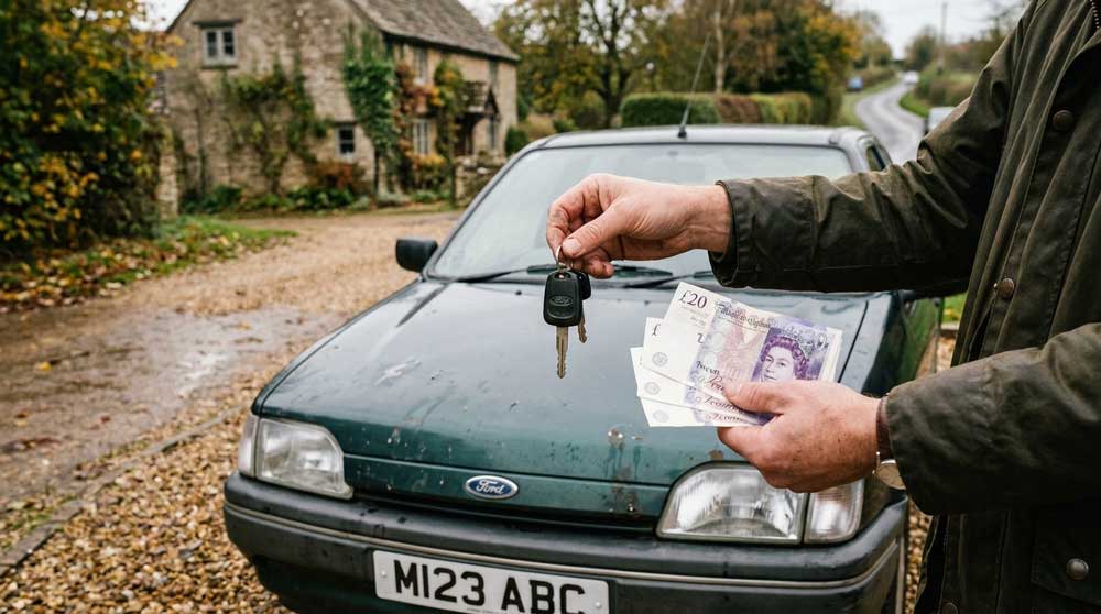 Hand holding car keys over a UK scrap car with banknotes, illustrating how to get the best scrap car price