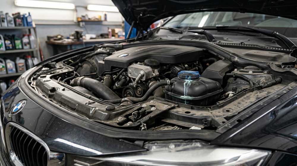bmw-coolant-leak | A bmw-coolant-leak engine bay with the coolant expansion tank and signs of a coolant leak