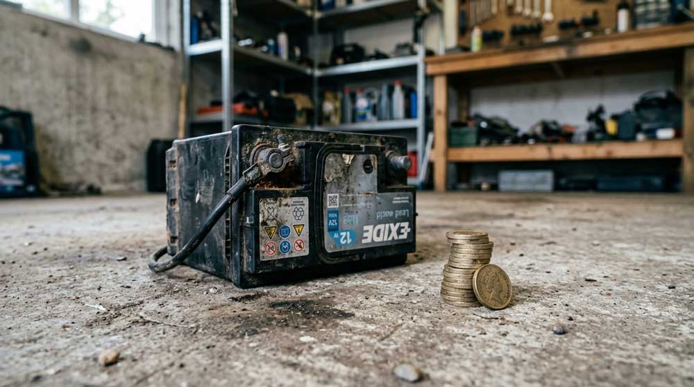 A lead-acid car battery with coins, illustrating the car battery scrap price in the UK