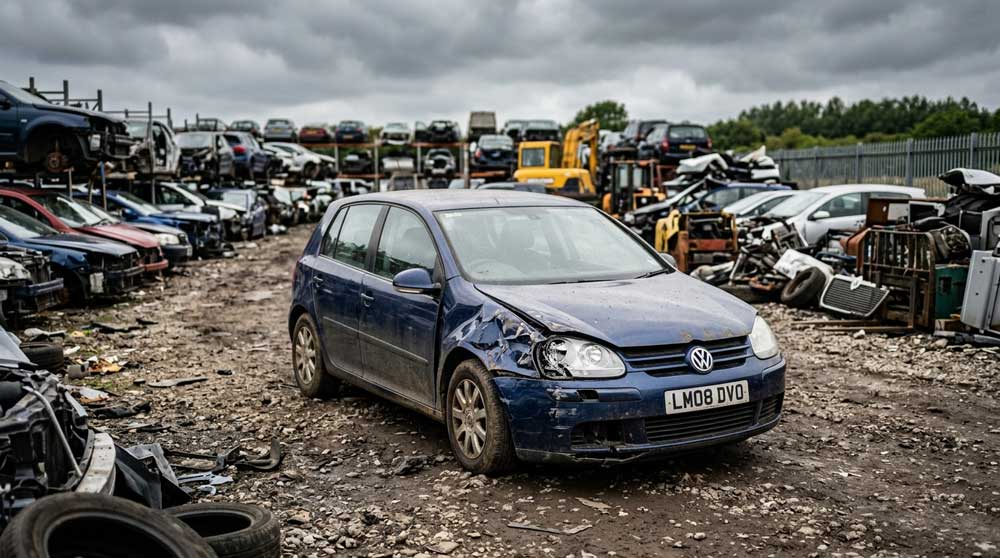 An accident-damaged car in a salvage yard, representing the UK car write-off categories