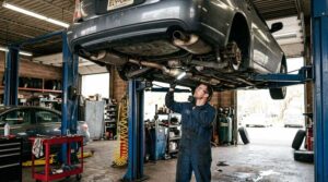 A car on a workshop ramp with the exhaust and catalytic converter exposed for emissions repair
