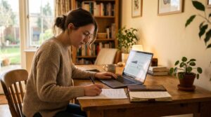 A laptop and a paper form on a desk, showing how to change a V5C address online or by post