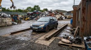 A scrap car on a weighbridge at a recycling yard, showing what affects scrap car value