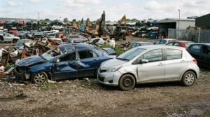 Two cars in a salvage yard, one crushed and one with repairable damage, comparing write-off categories