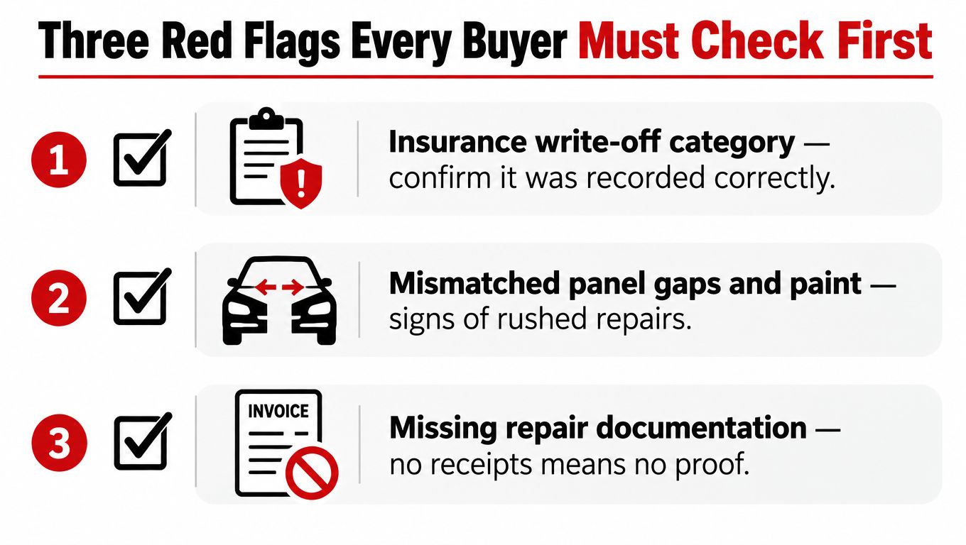 A checklist infographic titled Three Red Flags Every Buyer Must Check First regarding used car purchases.
