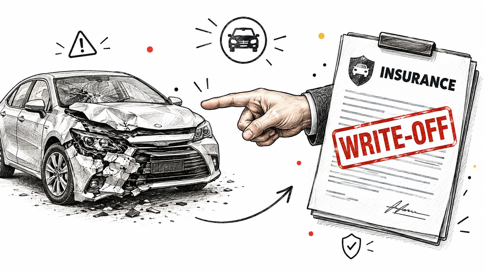 A damaged car being pointed at by a hand next to an insurance document marked write-off.