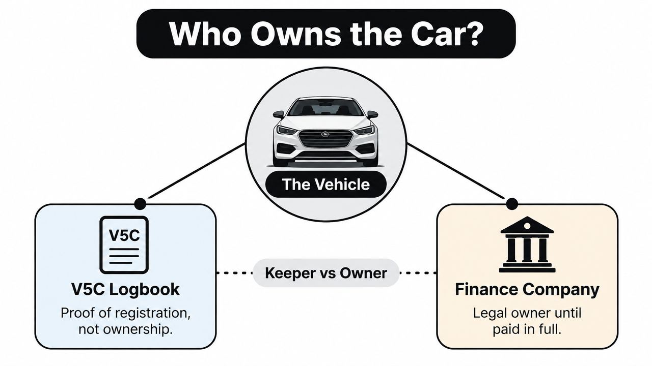 A diagram explaining that a V5C logbook proves registration, while a finance company is the legal owner.
