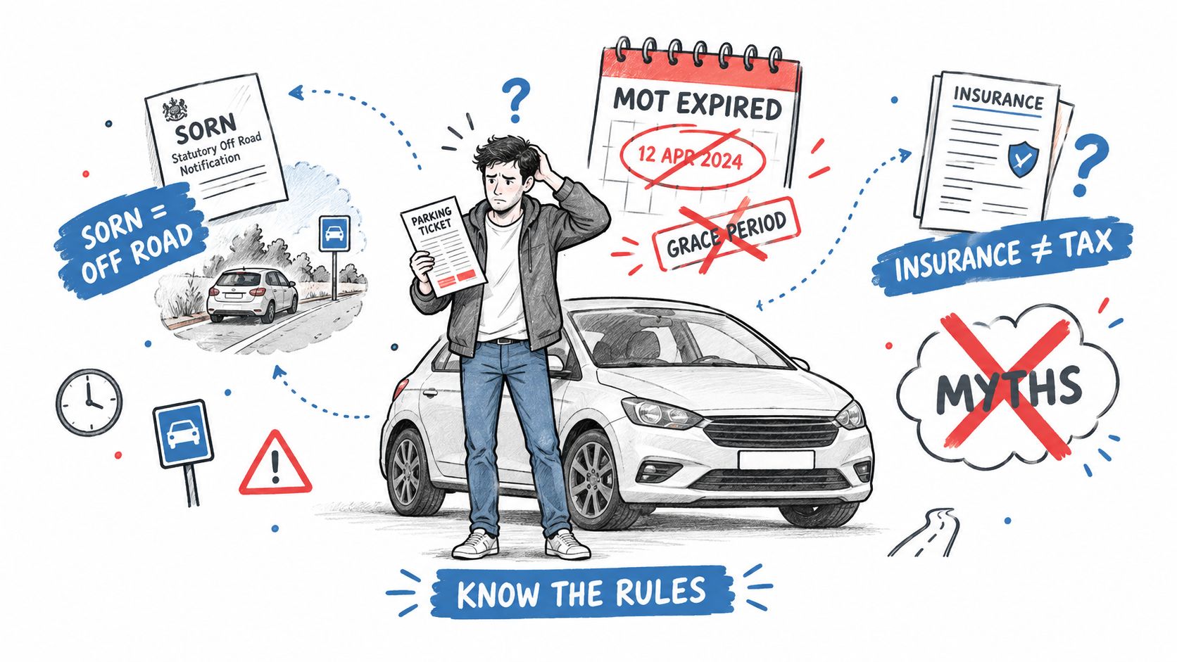 A confused driver looking at a parking ticket with illustrations of car regulations, MOT, and insurance requirements.