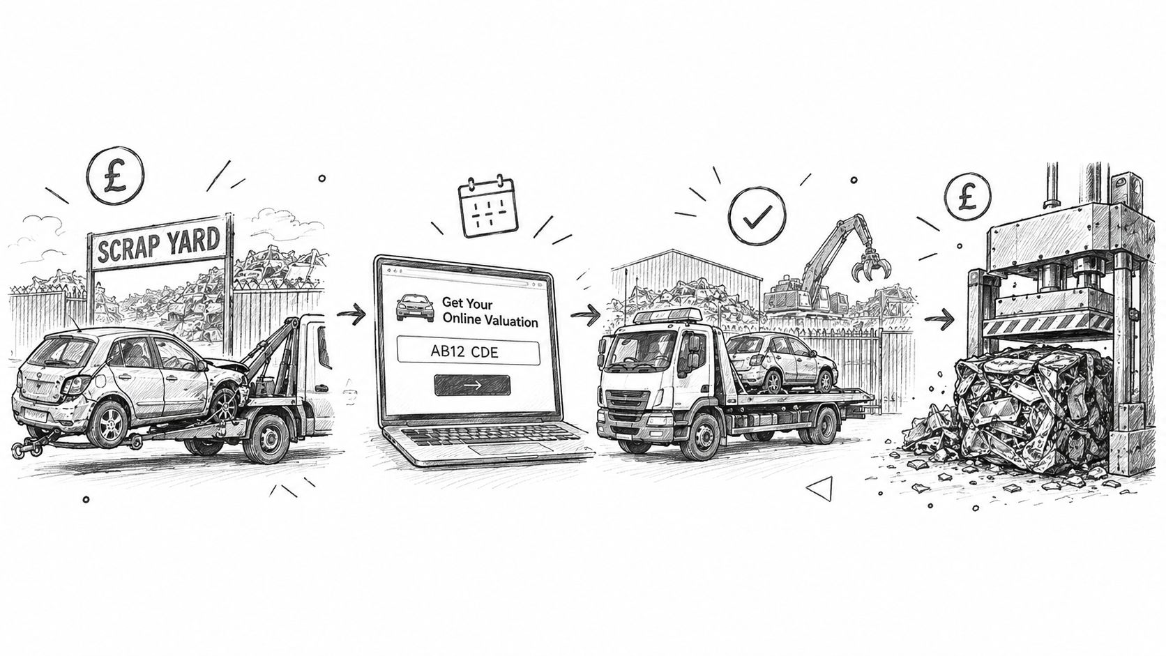 A step by step sketch illustration showing the process of scrapping a car for cash online.
