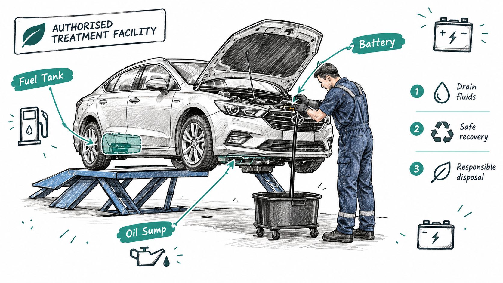 A technician performing a safe car recycling process at an authorised treatment facility, draining fluids and removing parts.