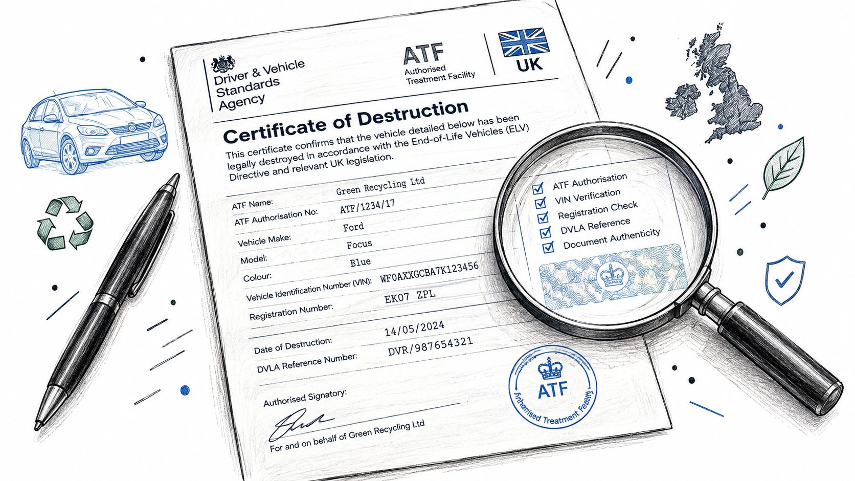 A professional document titled Certificate of Destruction for a vehicle, displayed with a magnifying glass and pen.
