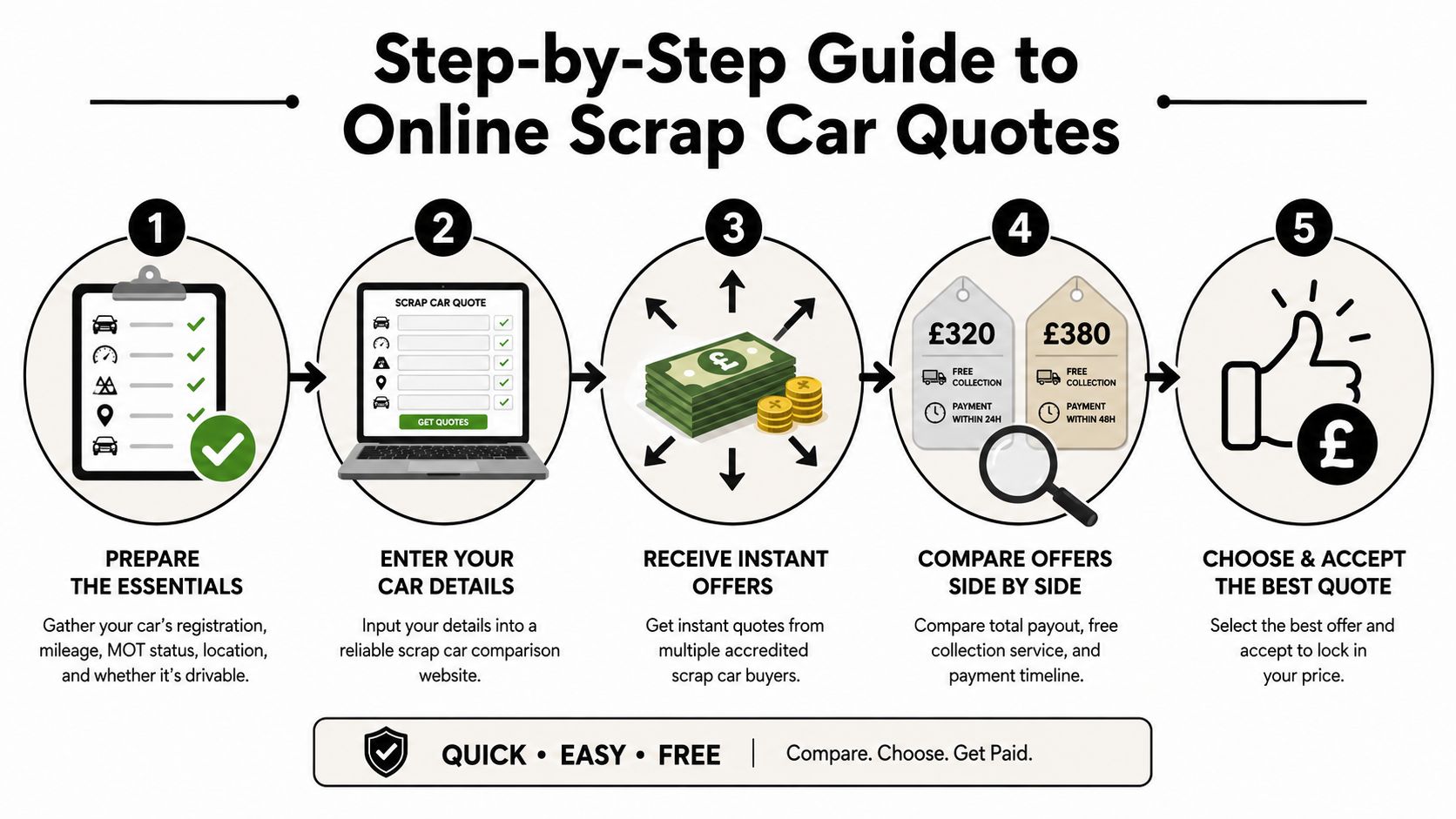 A five step infographic illustrating how to get and compare online scrap car quotes for your vehicle.