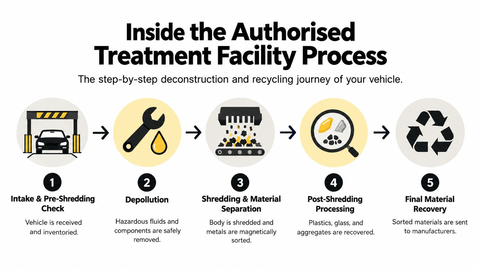 A five-step infographic showing the deconstruction and recycling process at an authorised vehicle treatment facility.