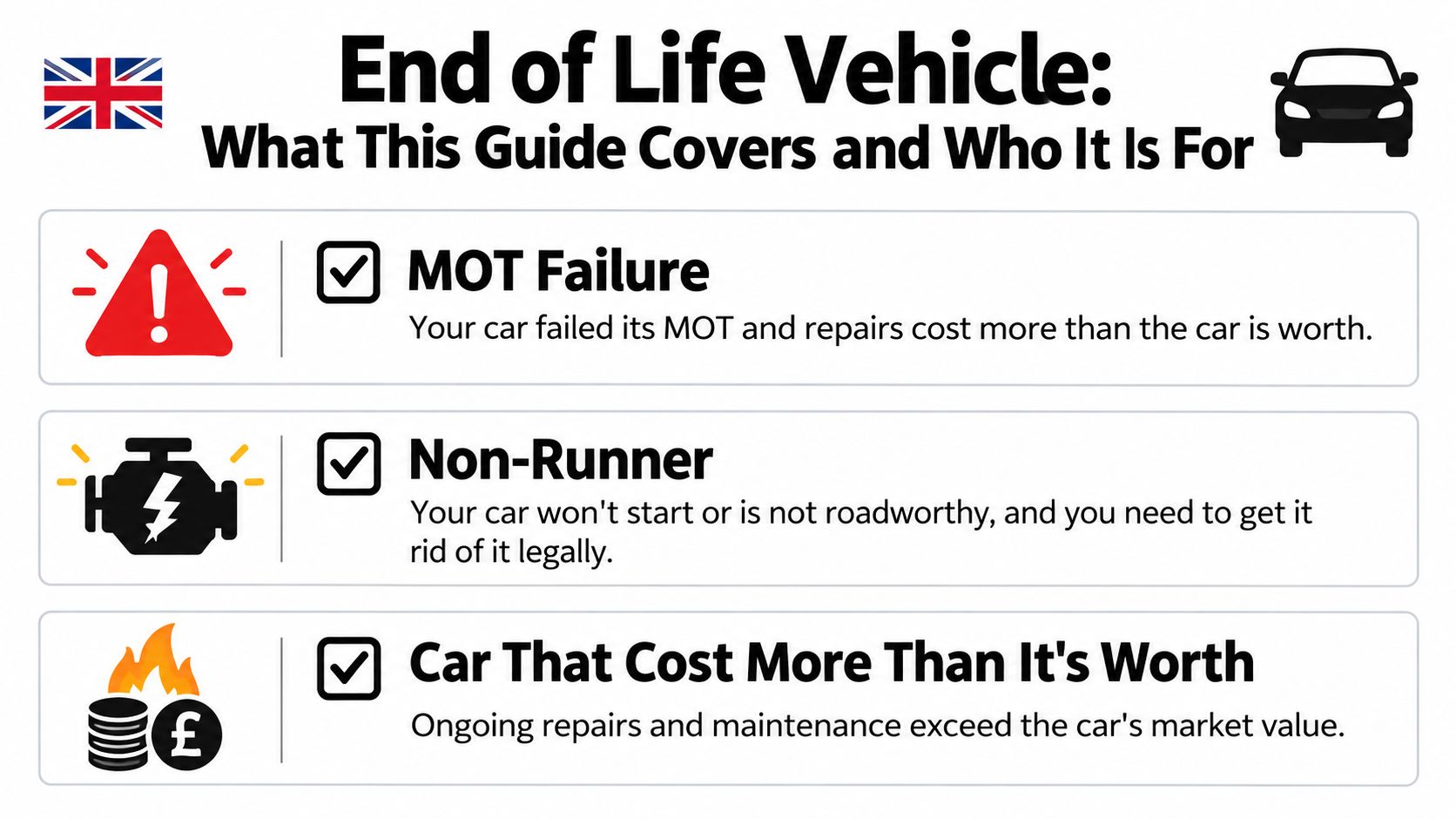 A guide listing three common scenarios for scrapping an end of life vehicle in the UK.