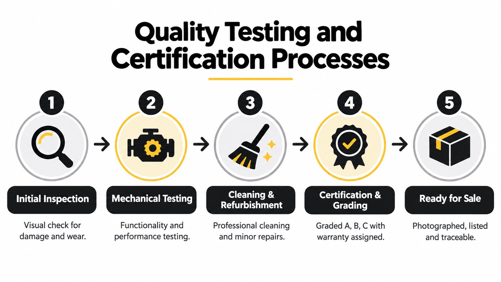 A five-step process diagram illustrating the quality testing and certification steps for refurbished green car parts.