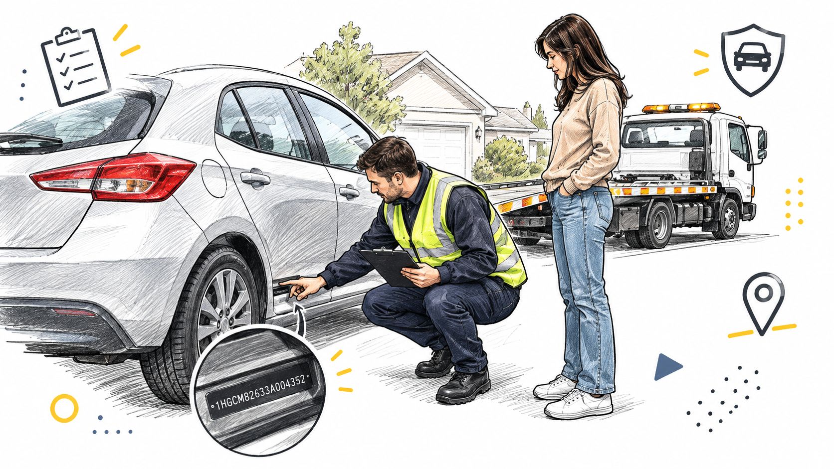 A service worker inspects a car's VIN plate while a woman stands nearby with a tow truck.