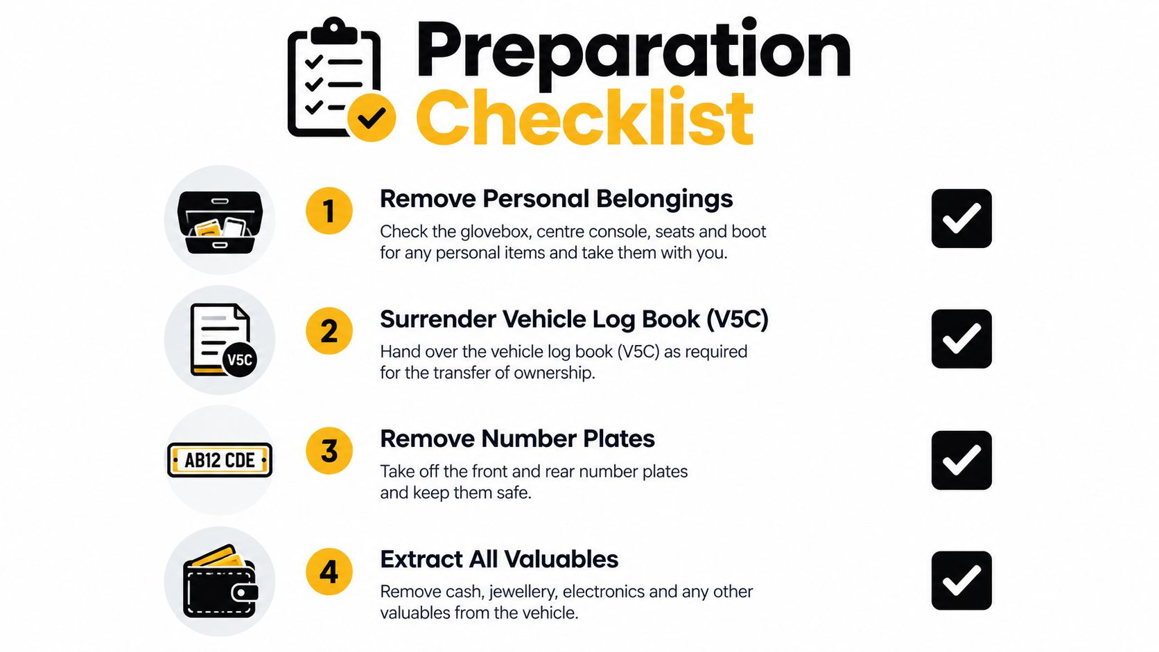A preparation checklist with four numbered steps for readying your vehicle before scrapping or selling it.