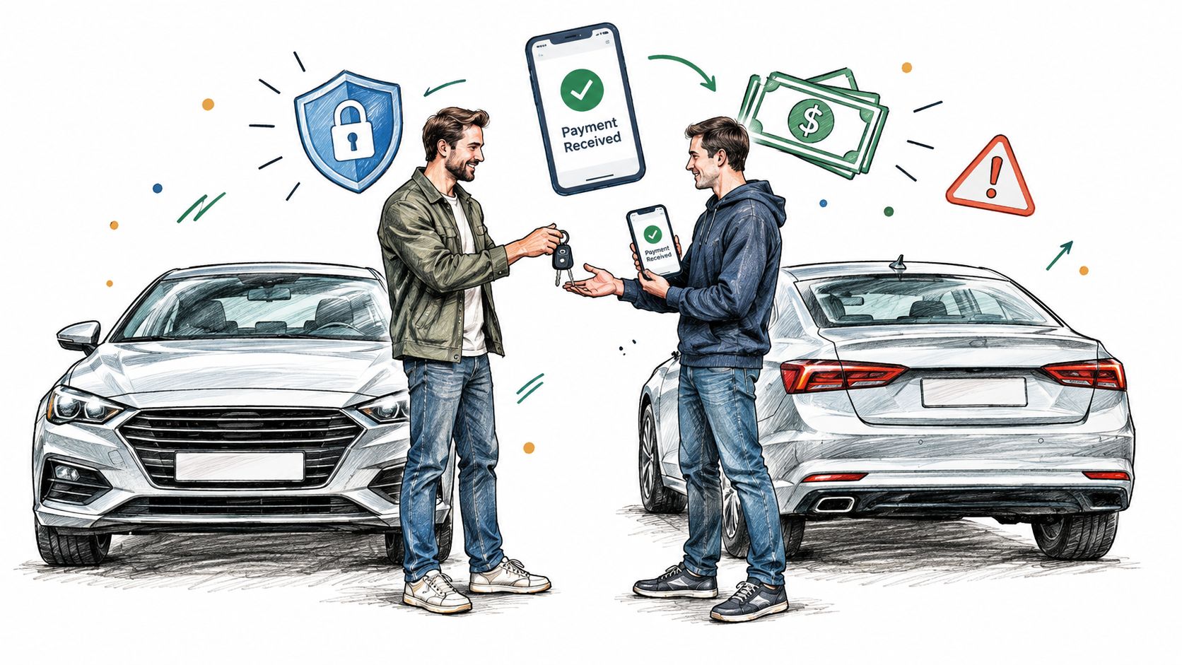 A man handing car keys to another man after a secure digital payment, representing a car sale transaction.