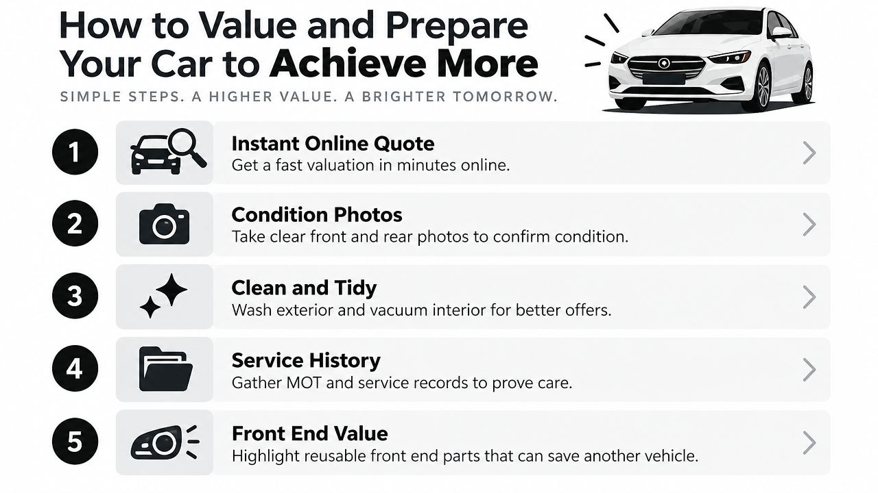 A five-step instructional guide on how to value and prepare your car to receive a better offer.