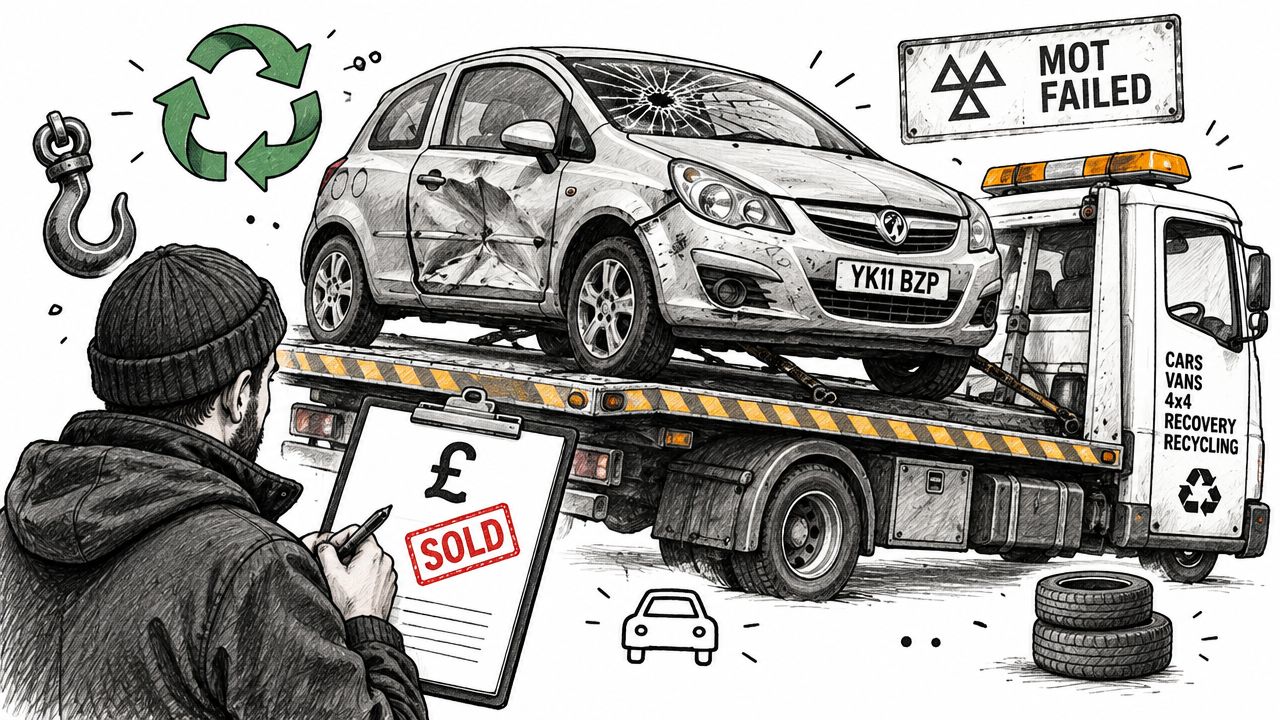 A person writing on a clipboard next to a damaged car on a breakdown recovery truck.