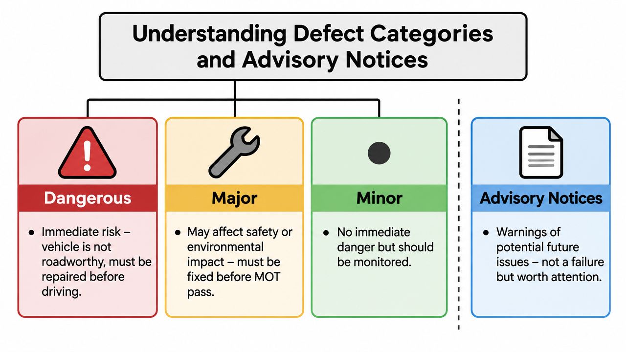 A chart explaining MOT test defect categories including dangerous, major, minor issues, and advisory notices for vehicles.