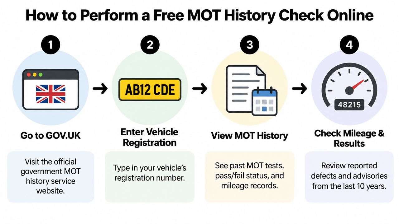 A step-by-step infographic showing how to perform a free MOT history check online in the UK.