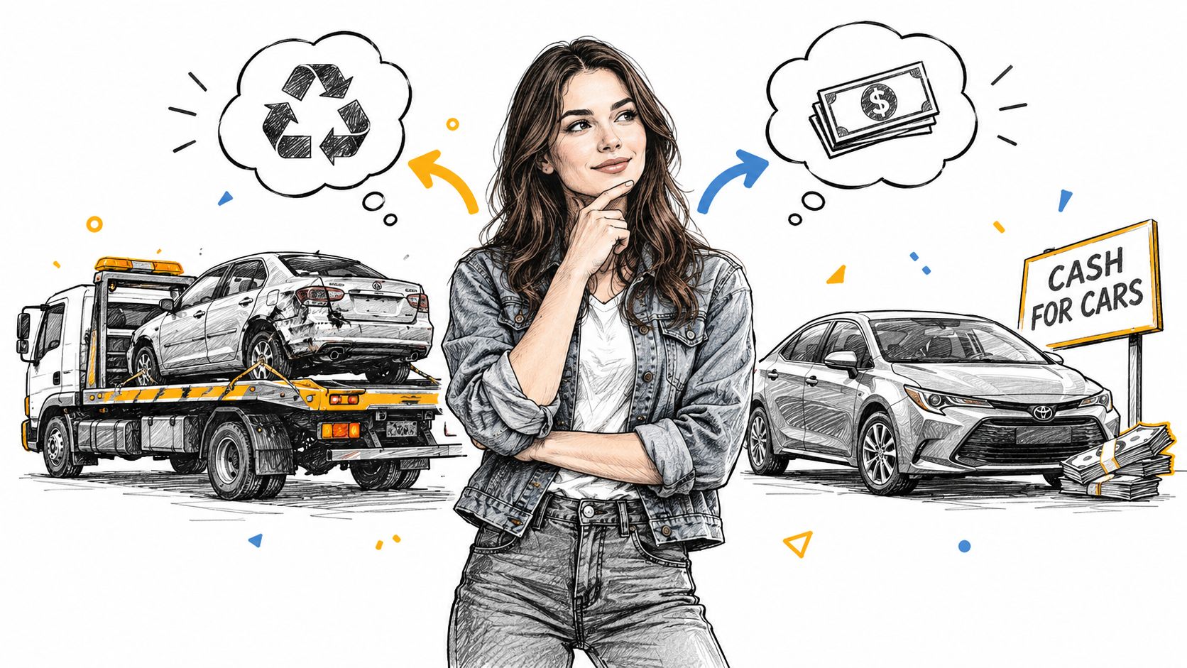 A woman contemplating between recycling her damaged car and selling her functional Toyota vehicle for cash.