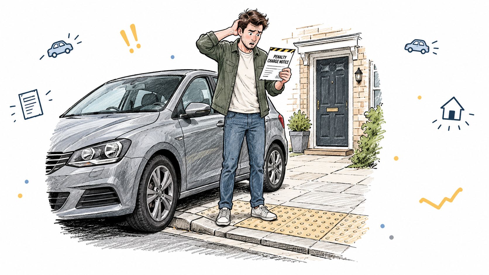 A confused man standing in front of his car parked on a dropped kerb holding a penalty notice.