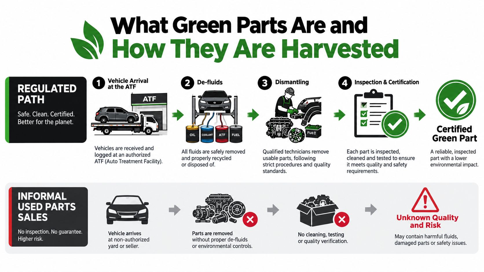 An infographic comparing the regulated process of harvesting certified green auto parts versus informal used parts sales.