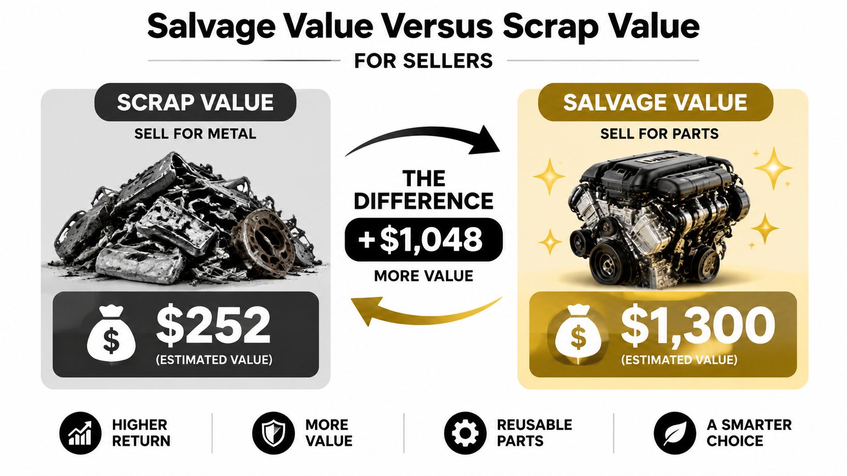 An infographic comparing the financial benefits of selling a vehicle for scrap metal versus salvage parts.