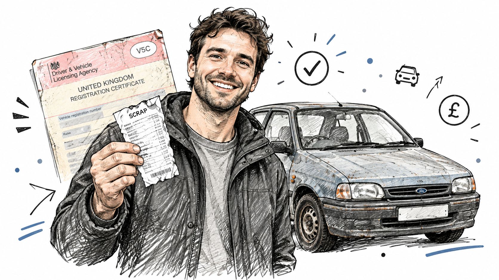 A man smiling while holding a scrap receipt in front of a V5C registration certificate and car.