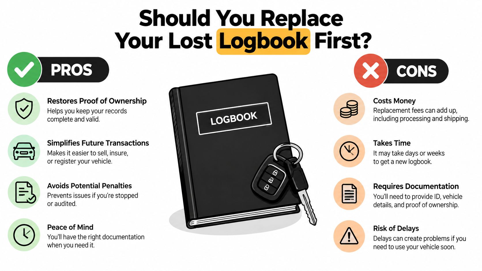 An infographic comparing the pros and cons of replacing a lost vehicle logbook document.
