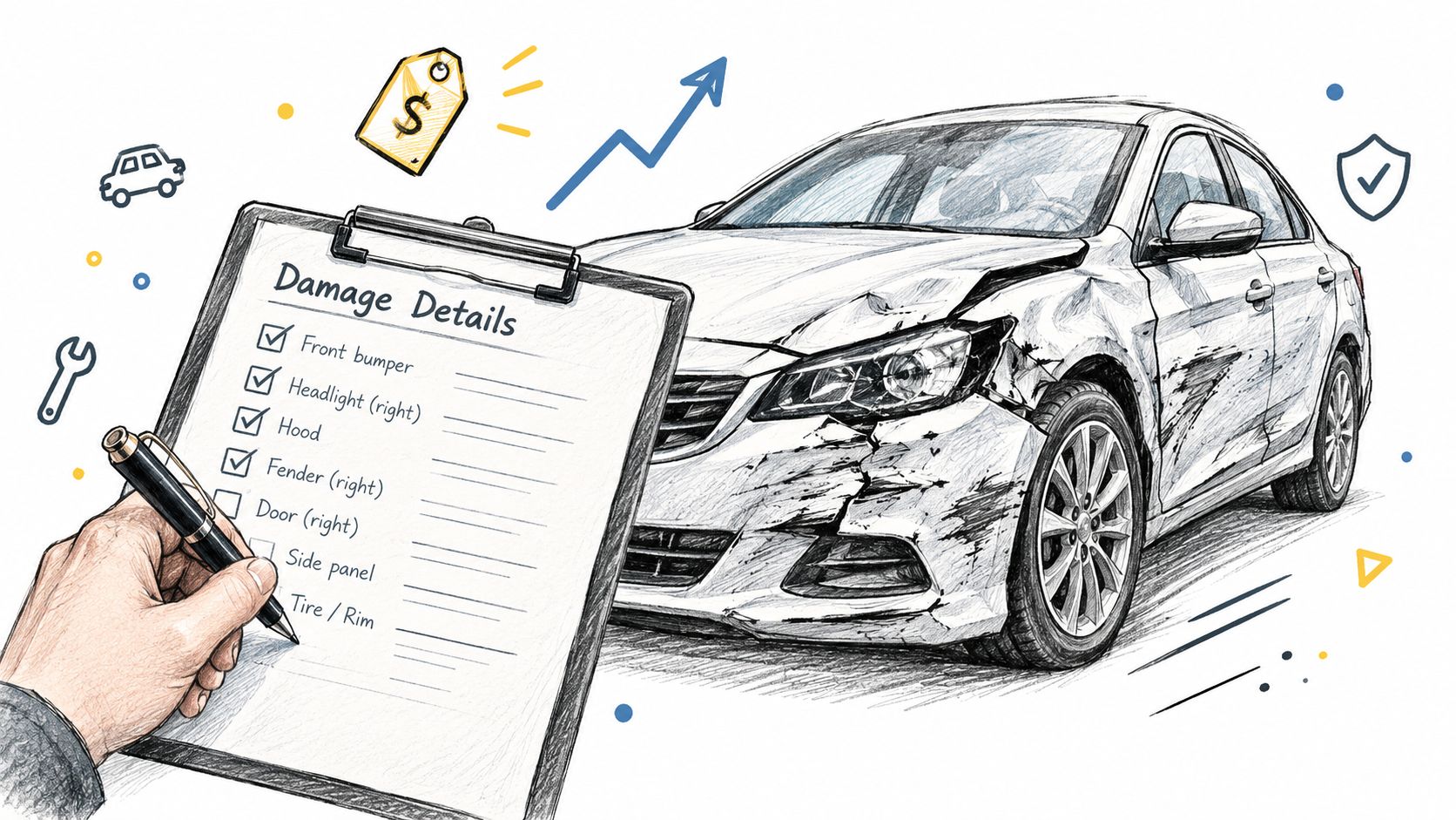 A clipboard showing damage details on a list next to a sketch of a crashed sedan.