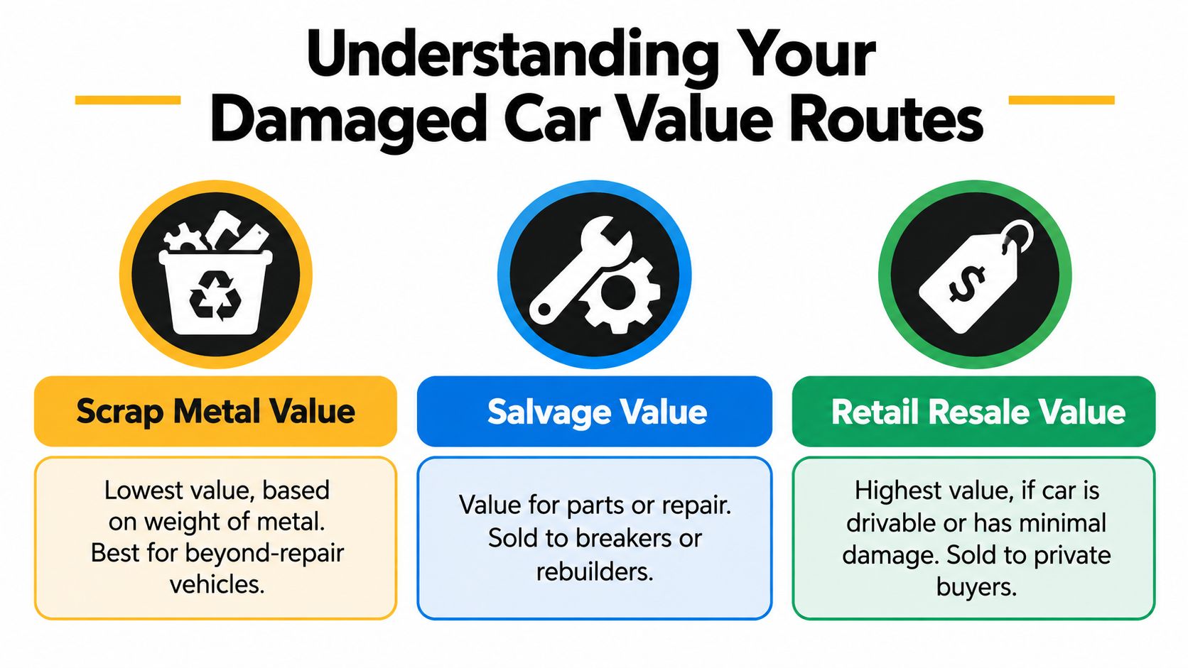A diagram outlining the three routes for determining the value of a damaged vehicle: scrap, salvage, and resale.
