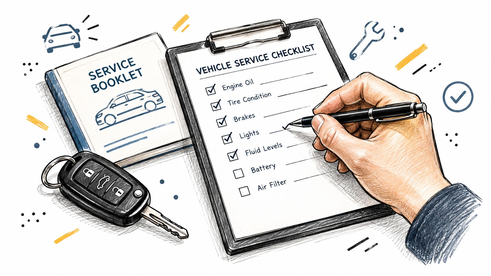 A hand filling out a vehicle service checklist on a clipboard with car keys and a booklet nearby.