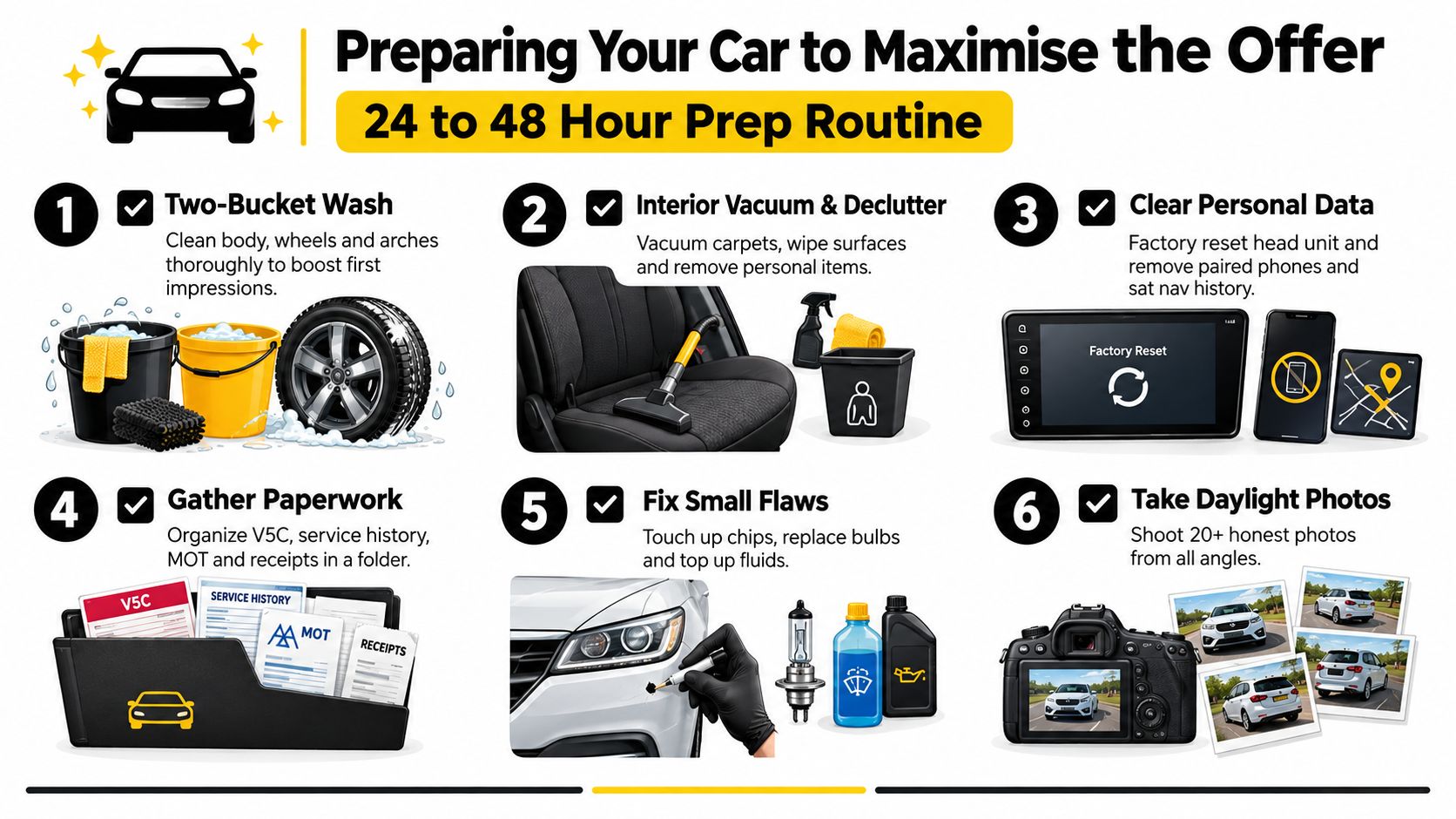 A six-step infographic guide detailing how to prepare and clean your car before selling it.
