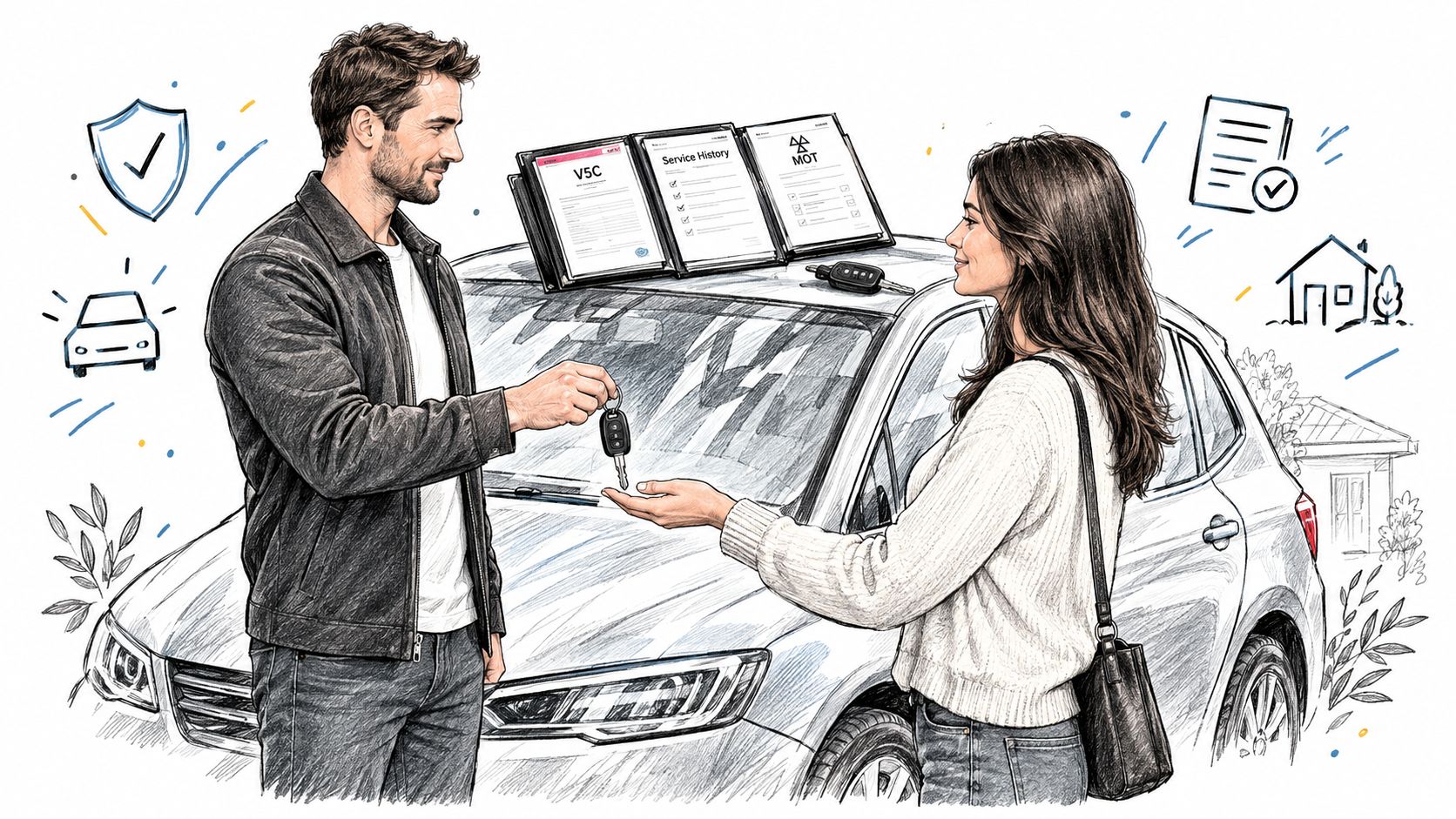 A man handing car keys to a woman in front of a car with documents displayed on the windshield.