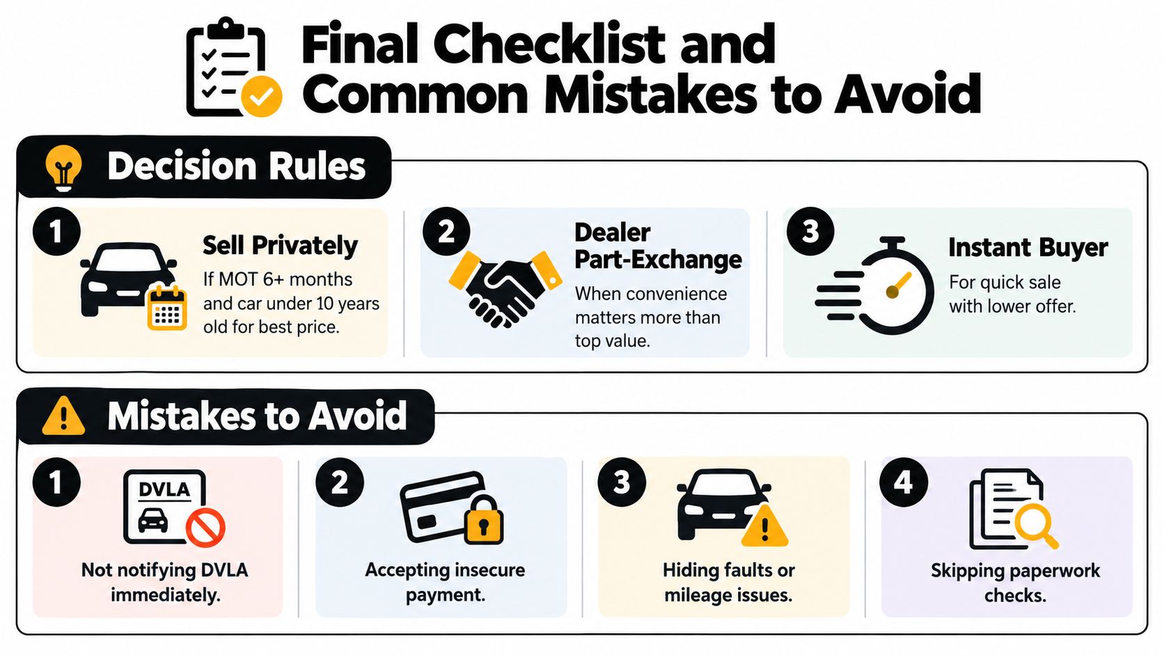 An infographic titled Final Checklist and Common Mistakes to Avoid, detailing how to sell a used car.