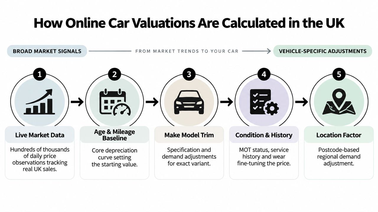 A diagram illustrating the five steps of how online car valuations are calculated in the UK market.