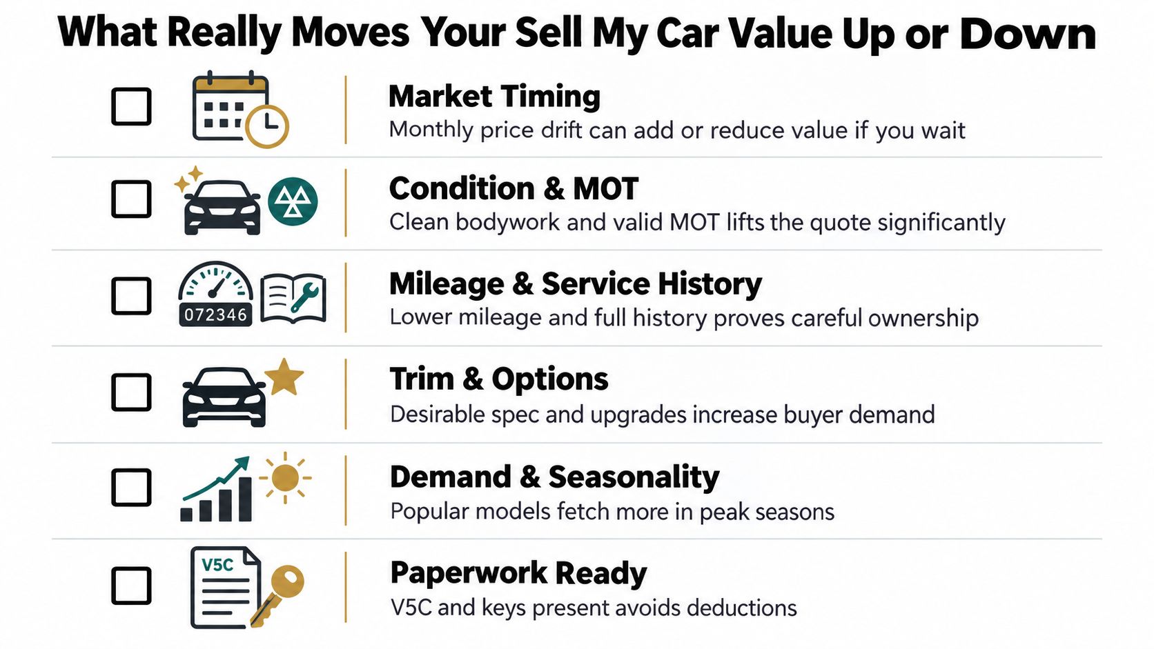 An infographic titled What Really Moves Your Sell My Car Value Up or Down with six tips.