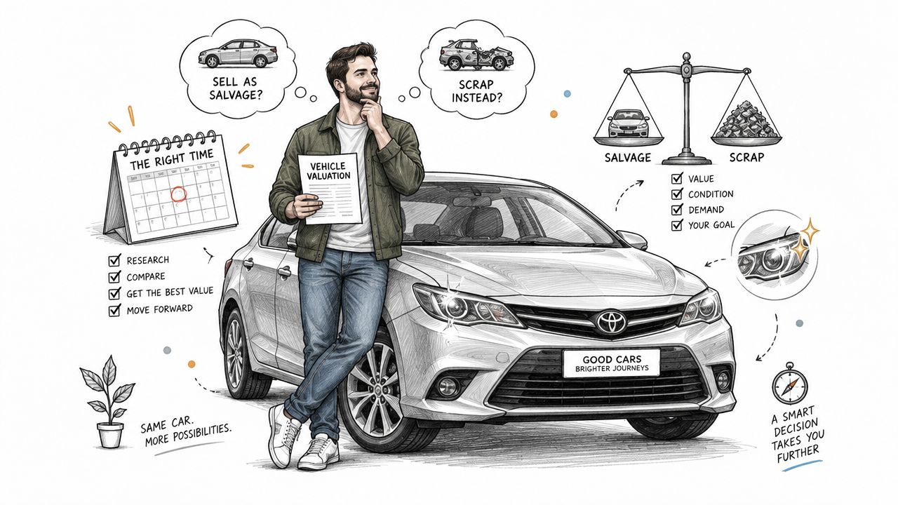 A man standing by a silver sedan with a vehicle valuation paper contemplating salvage versus scrapping options.