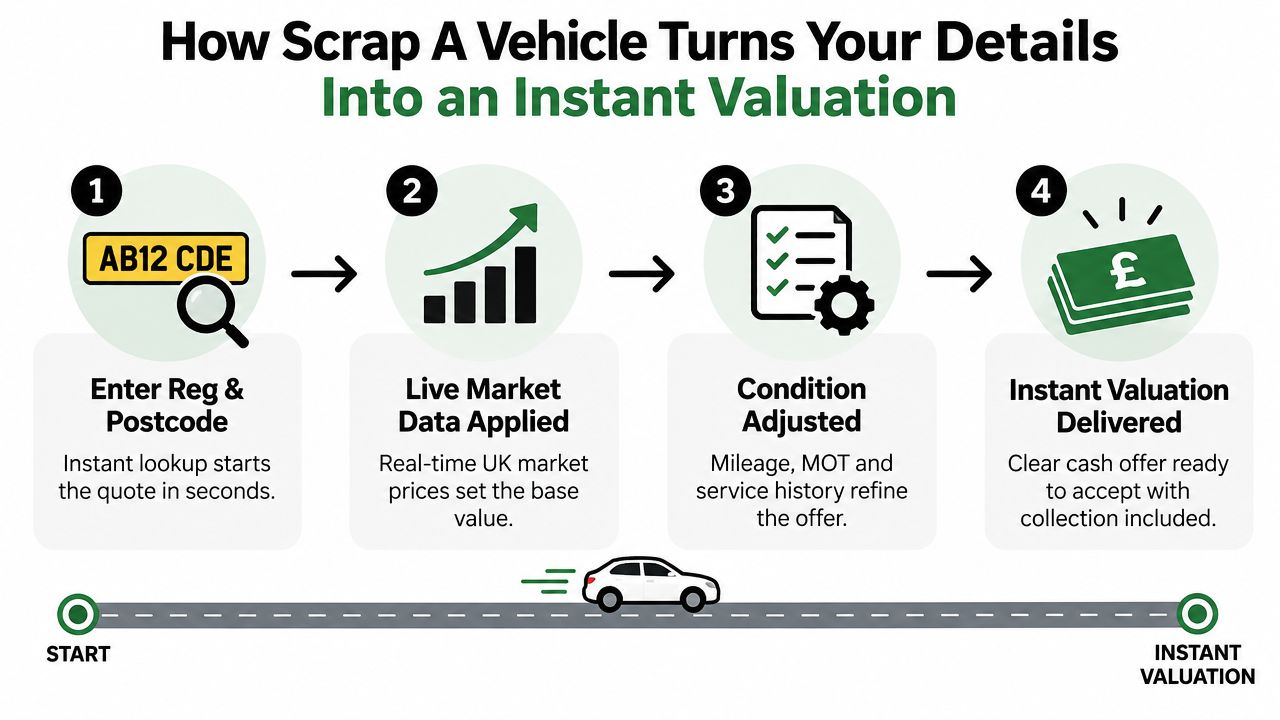 A four-step infographic explaining the vehicle scrap valuation process from registration entry to instant cash offer.