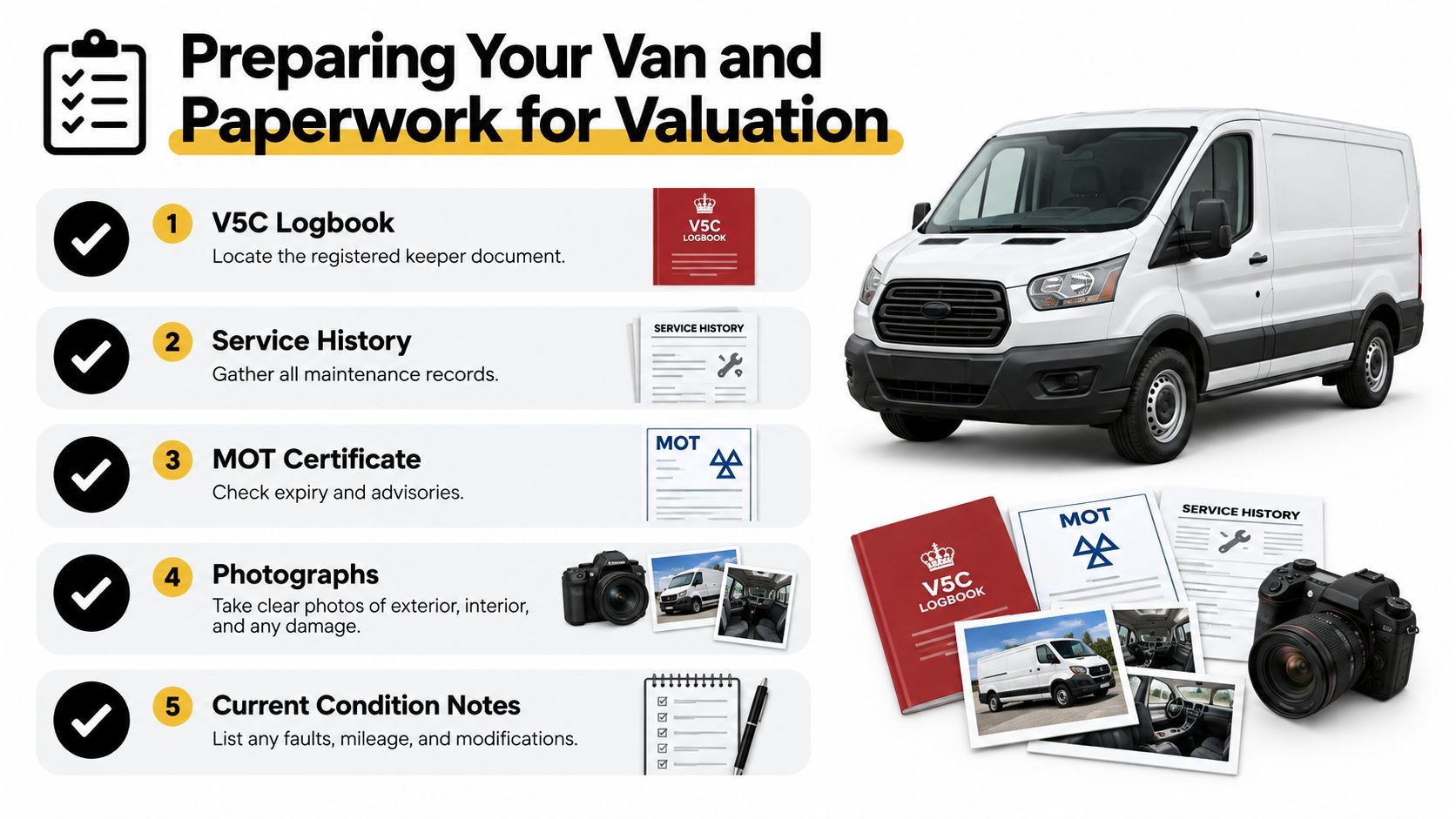 A checklist infographic titled Preparing Your Van and Paperwork for Valuation listing five essential documents and items.