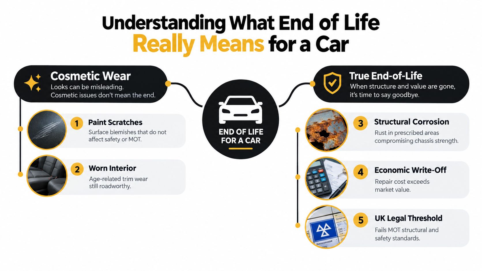An infographic detailing the differences between cosmetic wear and true end-of-life status for a car.