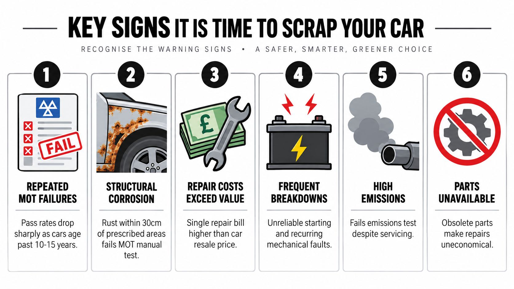An infographic illustrating six key warning signs indicating it is time to scrap your old car.