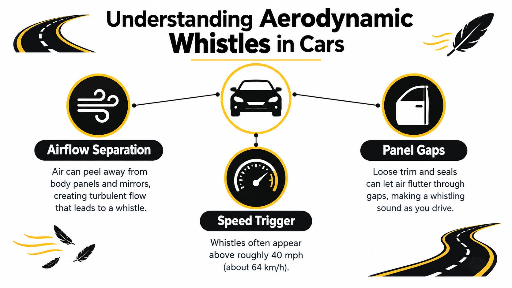 An infographic explaining common causes of aerodynamic whistling noises in cars including airflow separation and panel gaps.